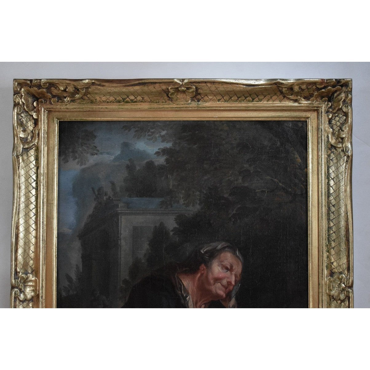 17th century German Baroque oil painting depicting Vertumnus as elderly woman representing winter allegory, school of Ottmar Elliger, 65x51cm on canvas