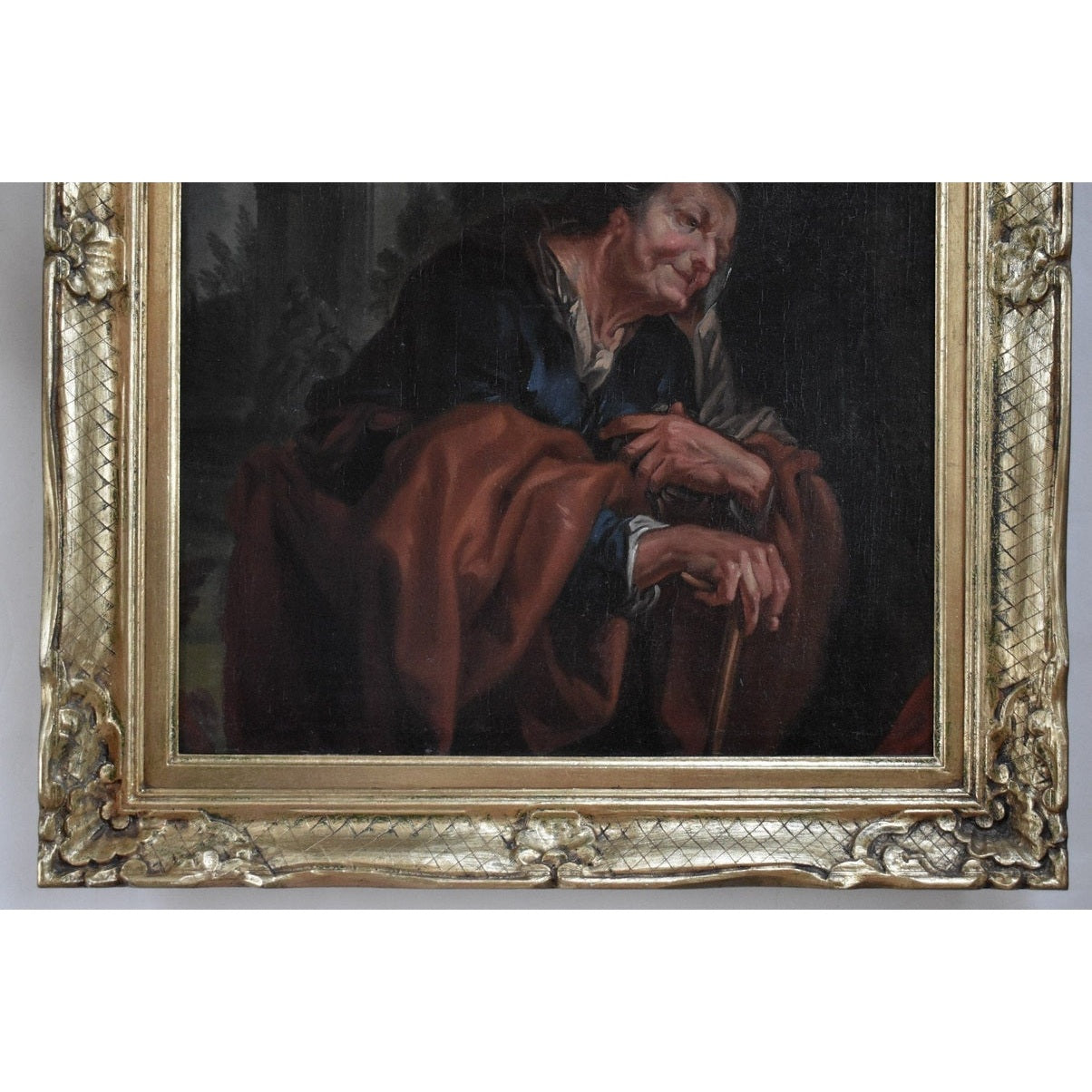 17th century German Baroque oil painting depicting Vertumnus as elderly woman representing winter allegory, school of Ottmar Elliger, 65x51cm on canvas