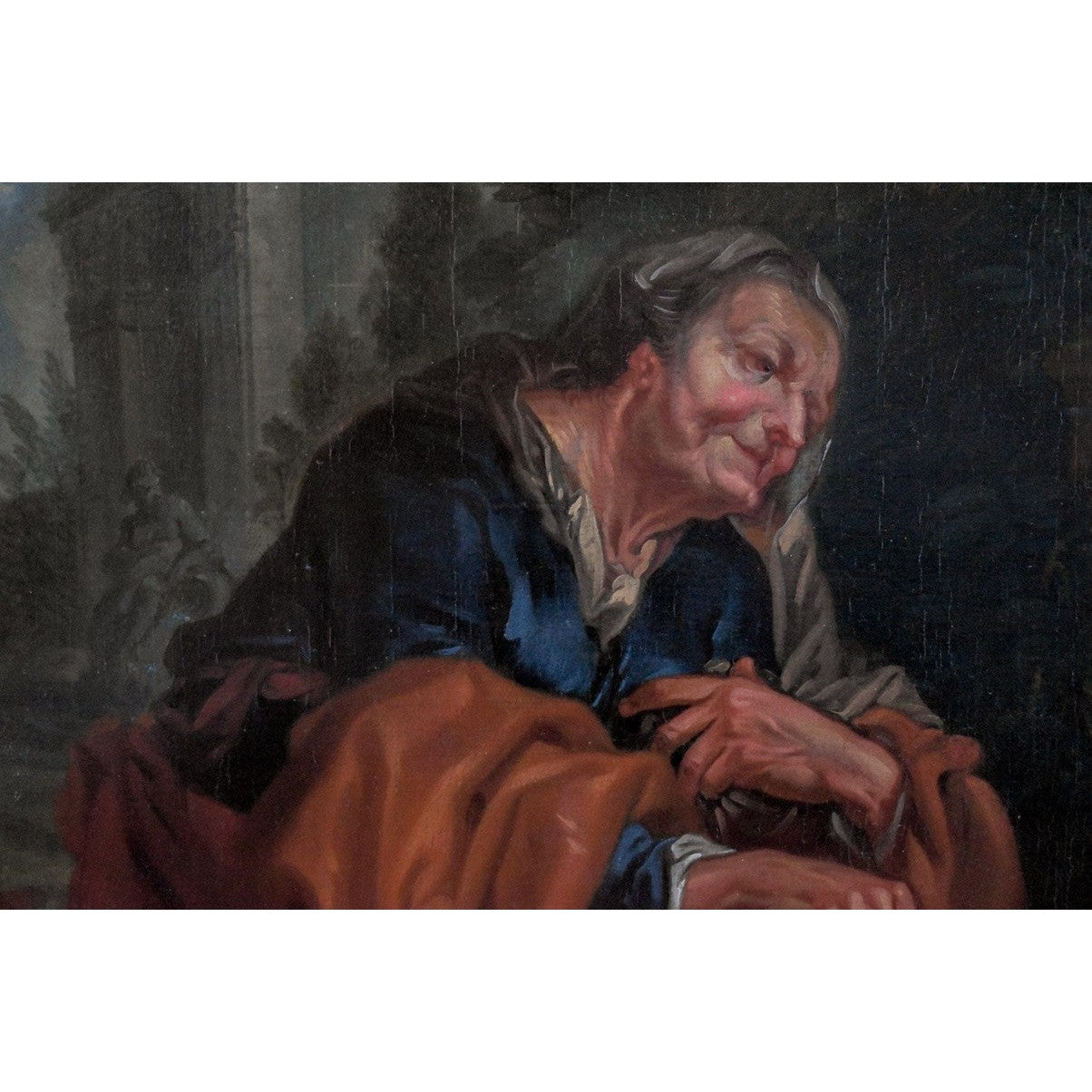 17th century German Baroque oil painting depicting Vertumnus as elderly woman representing winter allegory, school of Ottmar Elliger, 65x51cm on canvas