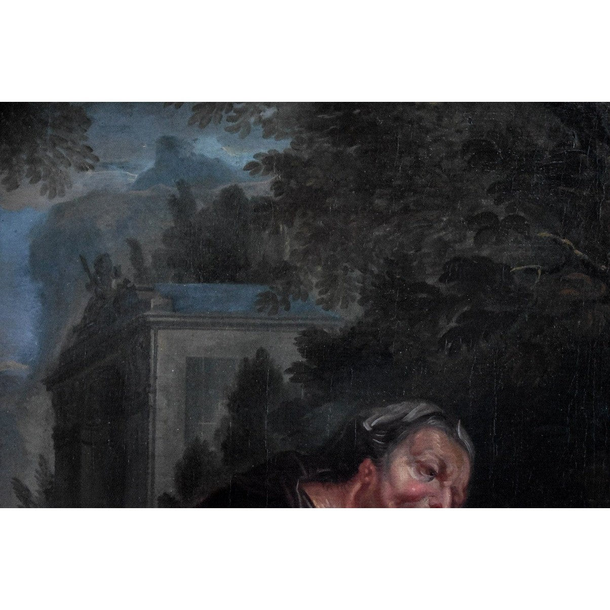 17th century German Baroque oil painting depicting Vertumnus as elderly woman representing winter allegory, school of Ottmar Elliger, 65x51cm on canvas