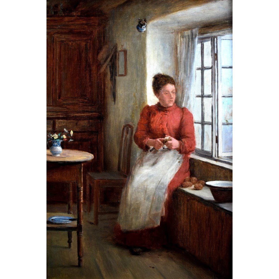 William Eadie oil painting woman red dress peeling potatoes window Victorian domestic scene 1890s Scottish St Ives artist