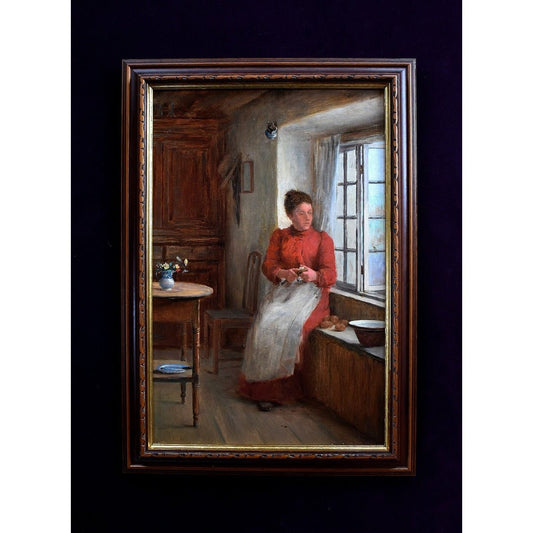 William Eadie oil painting woman red dress peeling potatoes window Victorian domestic scene 1890s Scottish St Ives artist
