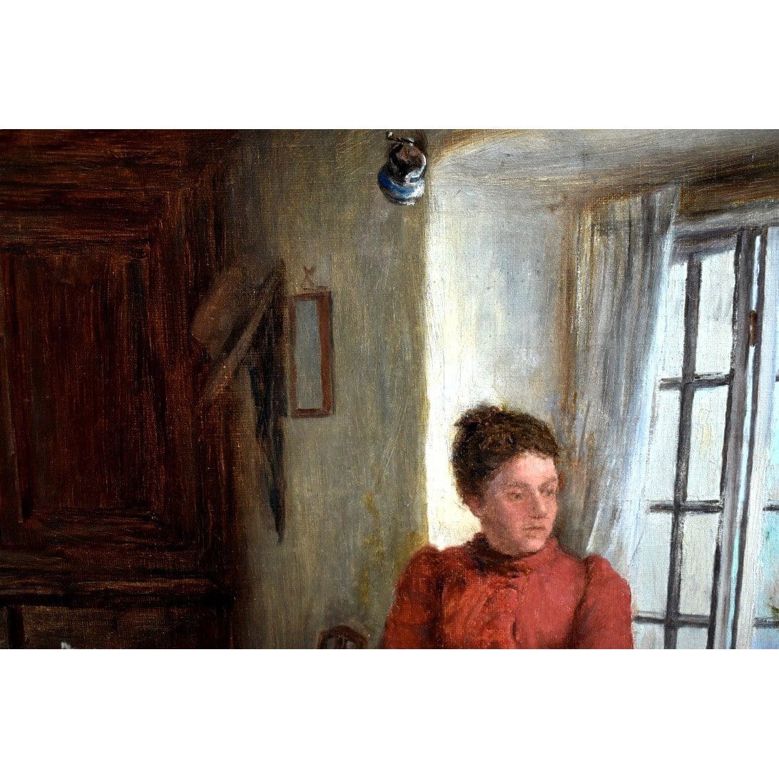 William Eadie oil painting woman red dress peeling potatoes window Victorian domestic scene 1890s Scottish St Ives artist