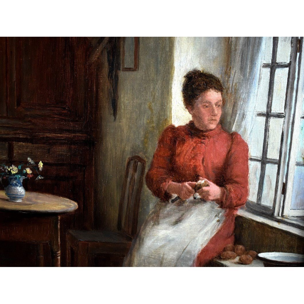 William Eadie oil painting woman red dress peeling potatoes window Victorian domestic scene 1890s Scottish St Ives artist