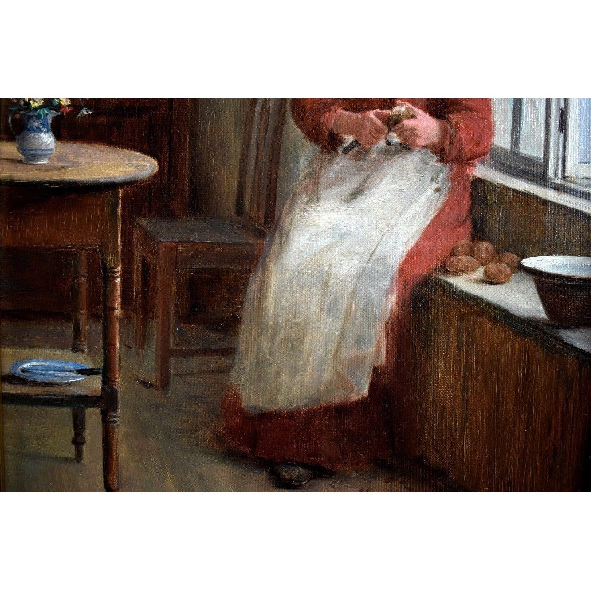 William Eadie oil painting woman red dress peeling potatoes window Victorian domestic scene 1890s Scottish St Ives artist