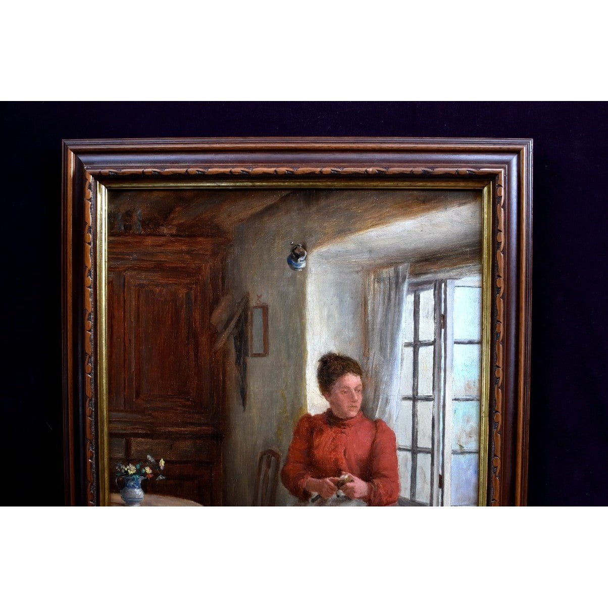 William Eadie oil painting woman red dress peeling potatoes window Victorian domestic scene 1890s Scottish St Ives artist