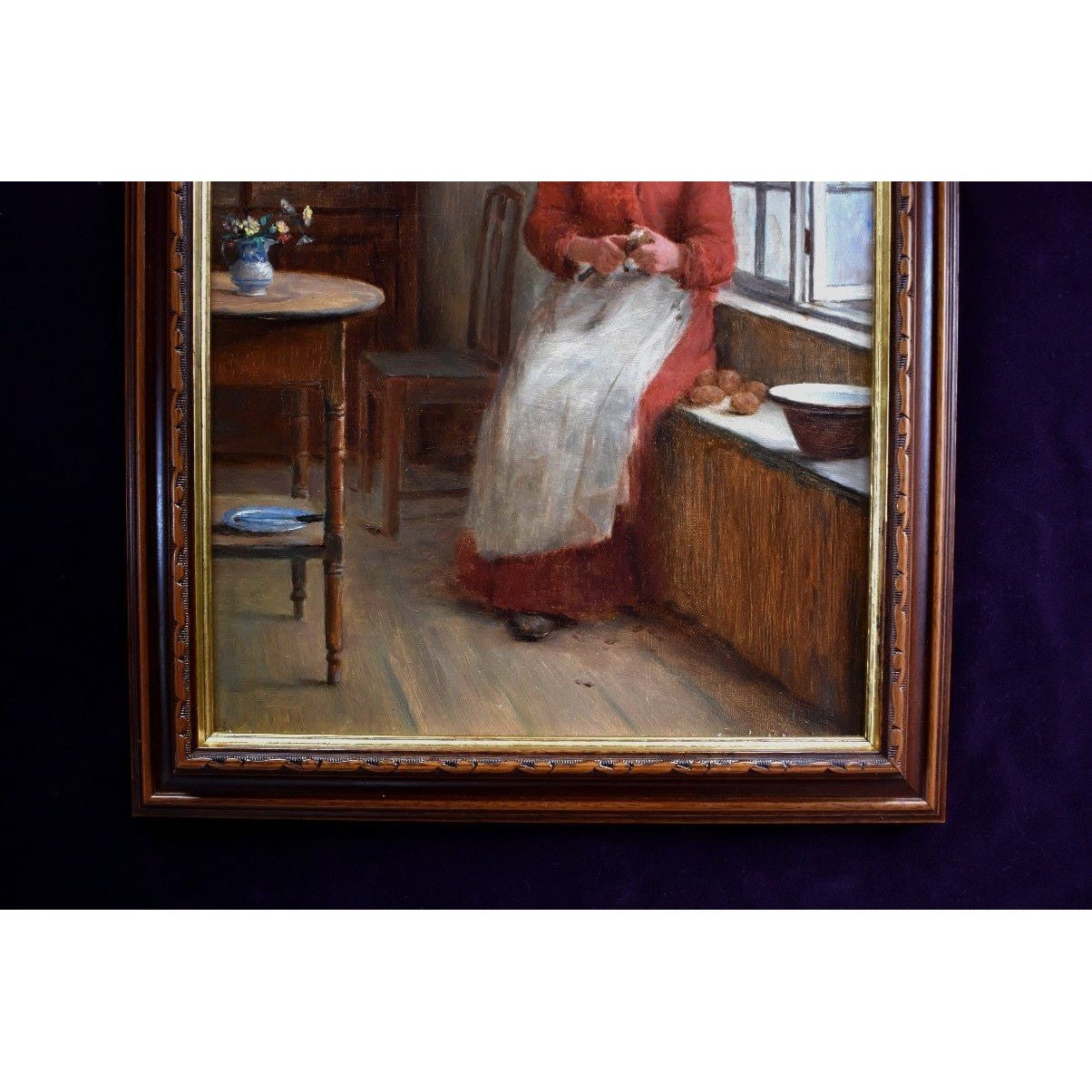 William Eadie oil painting woman red dress peeling potatoes window Victorian domestic scene 1890s Scottish St Ives artist