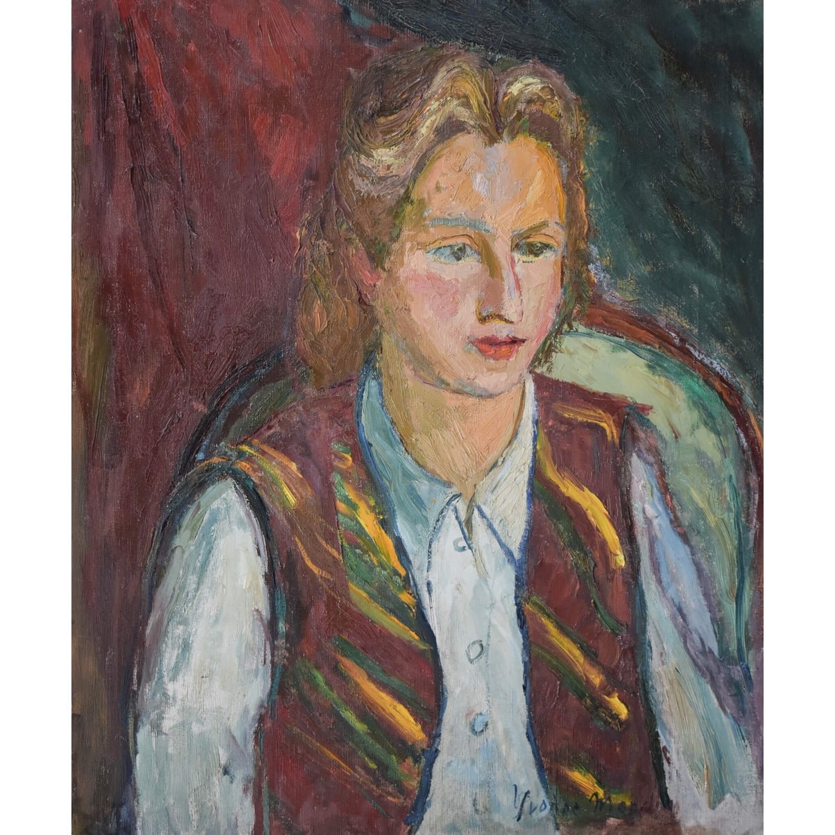 Yvonne Mondin expressionist portrait c.1930. Oil painting of young woman in striped vest, signed original with dramatic red-blue background.