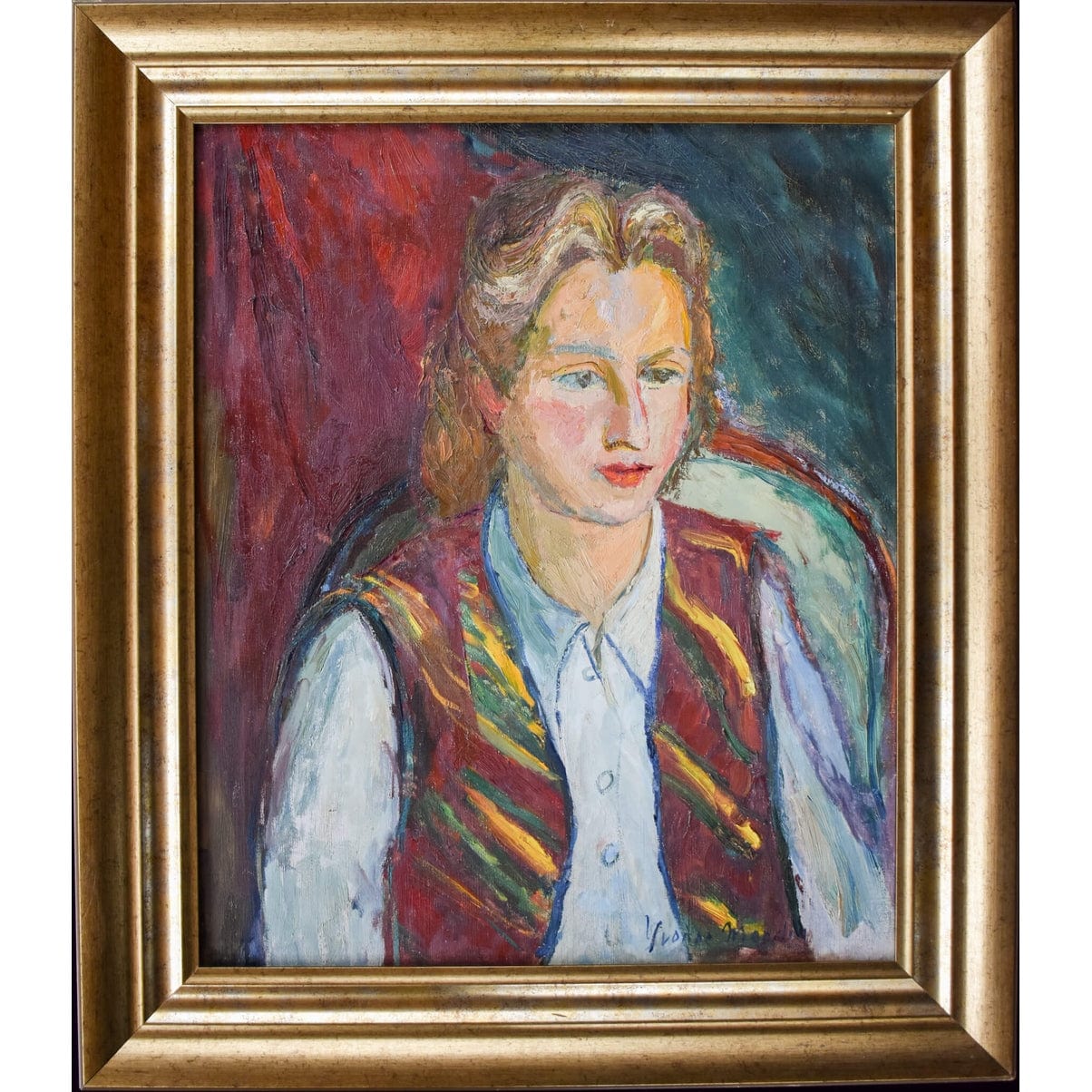 Yvonne Mondin expressionist portrait c.1930. Oil painting of young woman in striped vest, signed original with dramatic red-blue background.