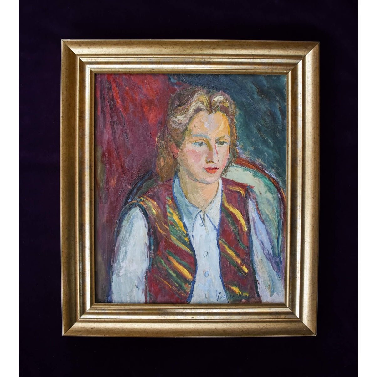 Yvonne Mondin expressionist portrait c.1930. Oil painting of young woman in striped vest, signed original with dramatic red-blue background.