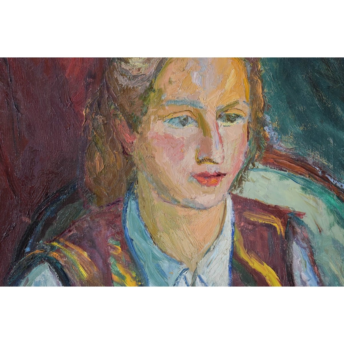 Yvonne Mondin expressionist portrait c.1930. Oil painting of young woman in striped vest, signed original with dramatic red-blue background.