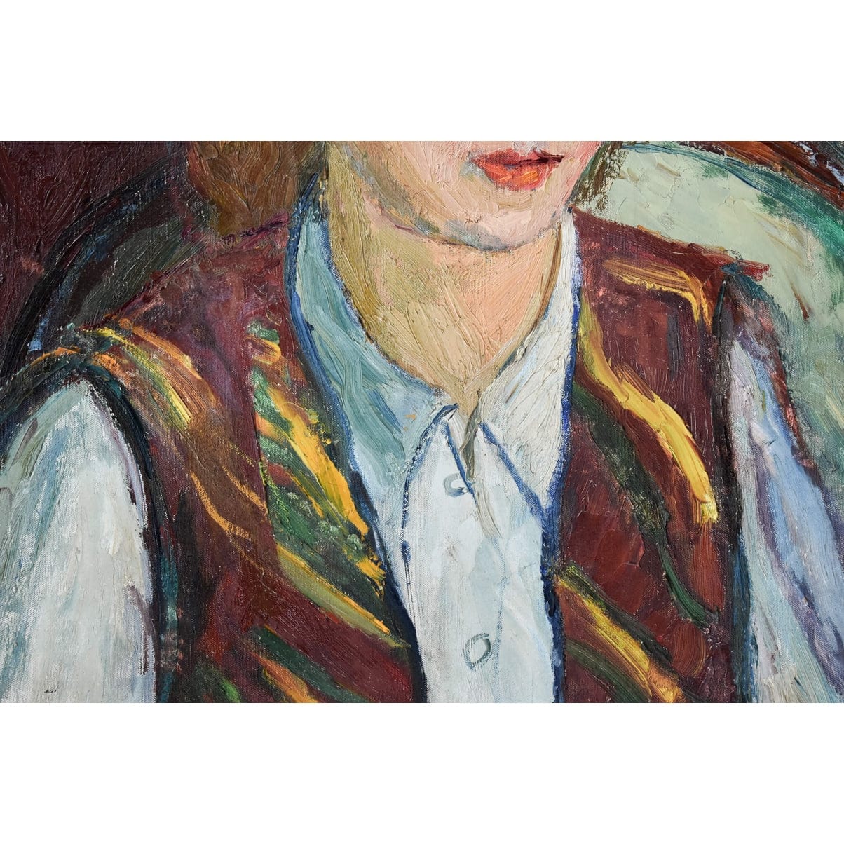 Yvonne Mondin expressionist portrait c.1930. Oil painting of young woman in striped vest, signed original with dramatic red-blue background.