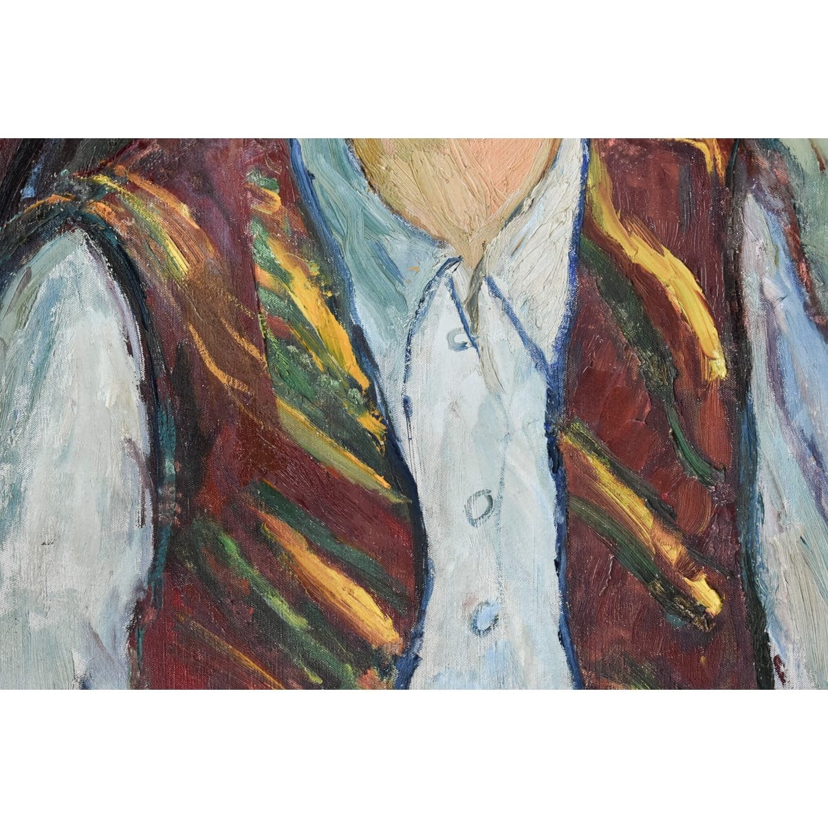 Yvonne Mondin expressionist portrait c.1930. Oil painting of young woman in striped vest, signed original with dramatic red-blue background.