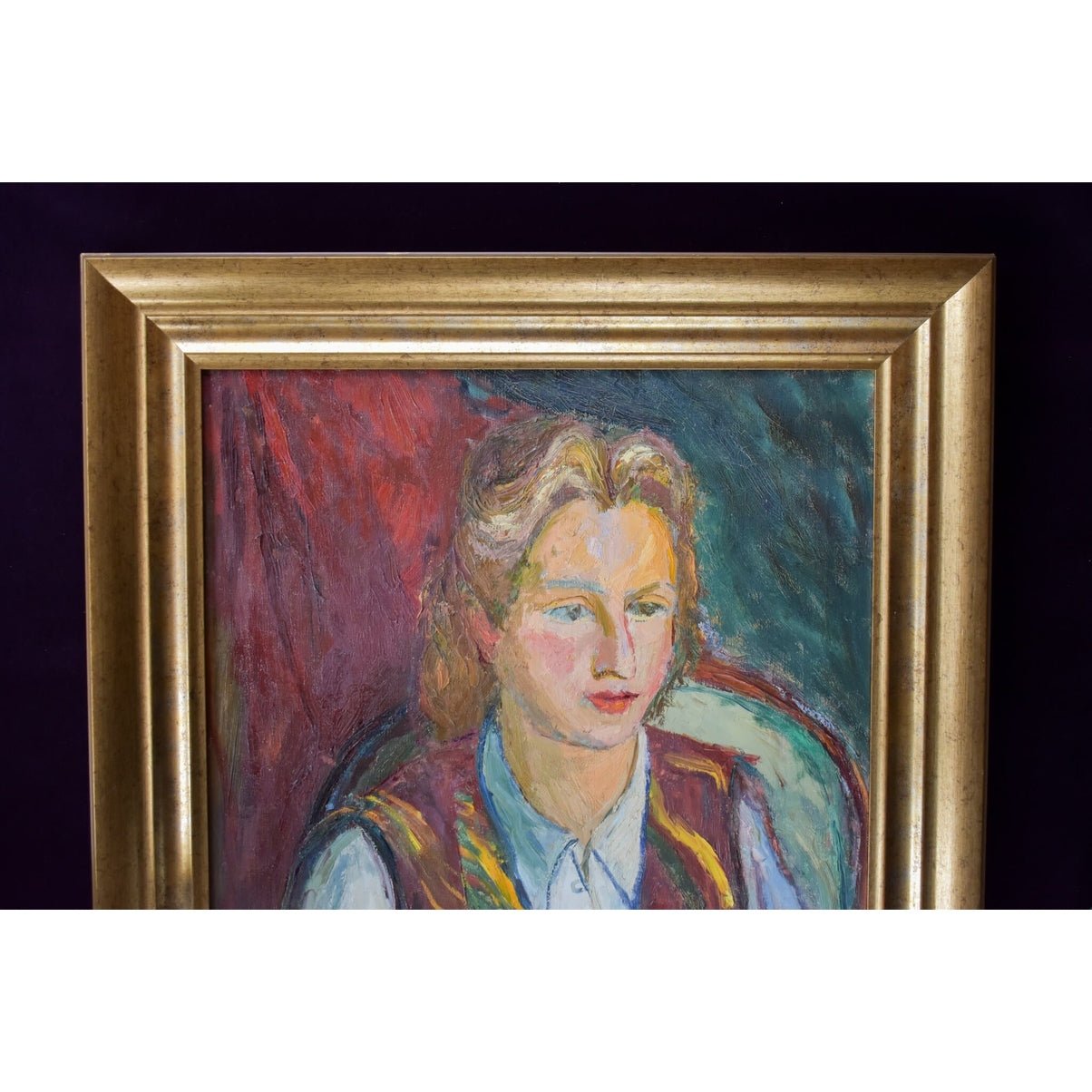 Yvonne Mondin expressionist portrait c.1930. Oil painting of young woman in striped vest, signed original with dramatic red-blue background.