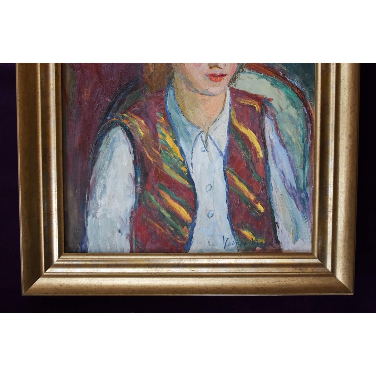 Yvonne Mondin expressionist portrait c.1930. Oil painting of young woman in striped vest, signed original with dramatic red-blue background.