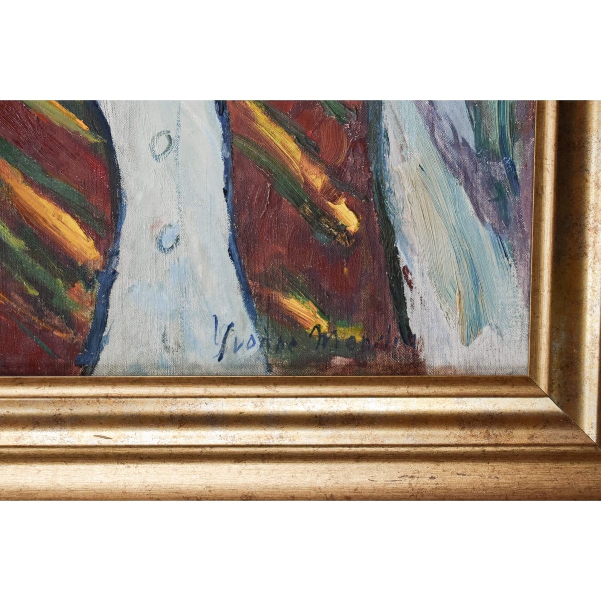 Yvonne Mondin expressionist portrait c.1930. Oil painting of young woman in striped vest, signed original with dramatic red-blue background.