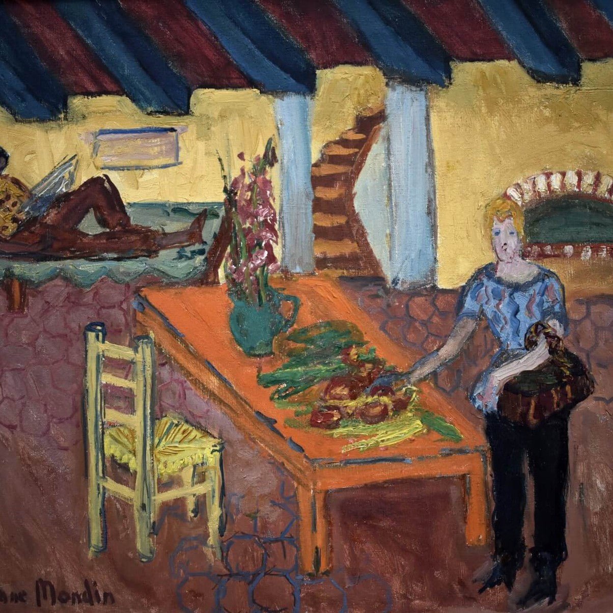 1950s French interior oil painting by Yvonne Mondin featuring domestic scene with vibrant Post-Impressionist style and warm colors.