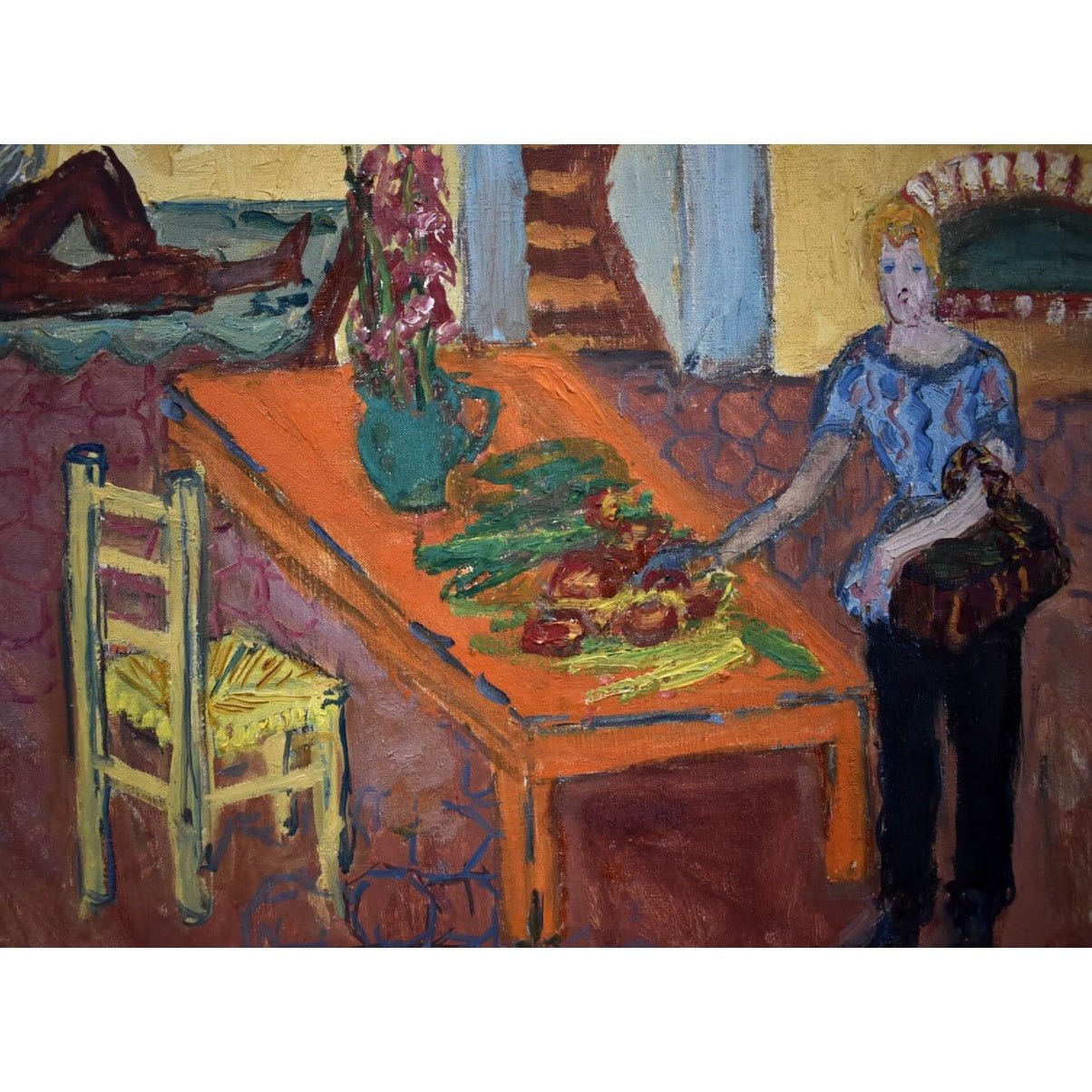 1950s French interior oil painting by Yvonne Mondin featuring domestic scene with vibrant Post-Impressionist style and warm colors.