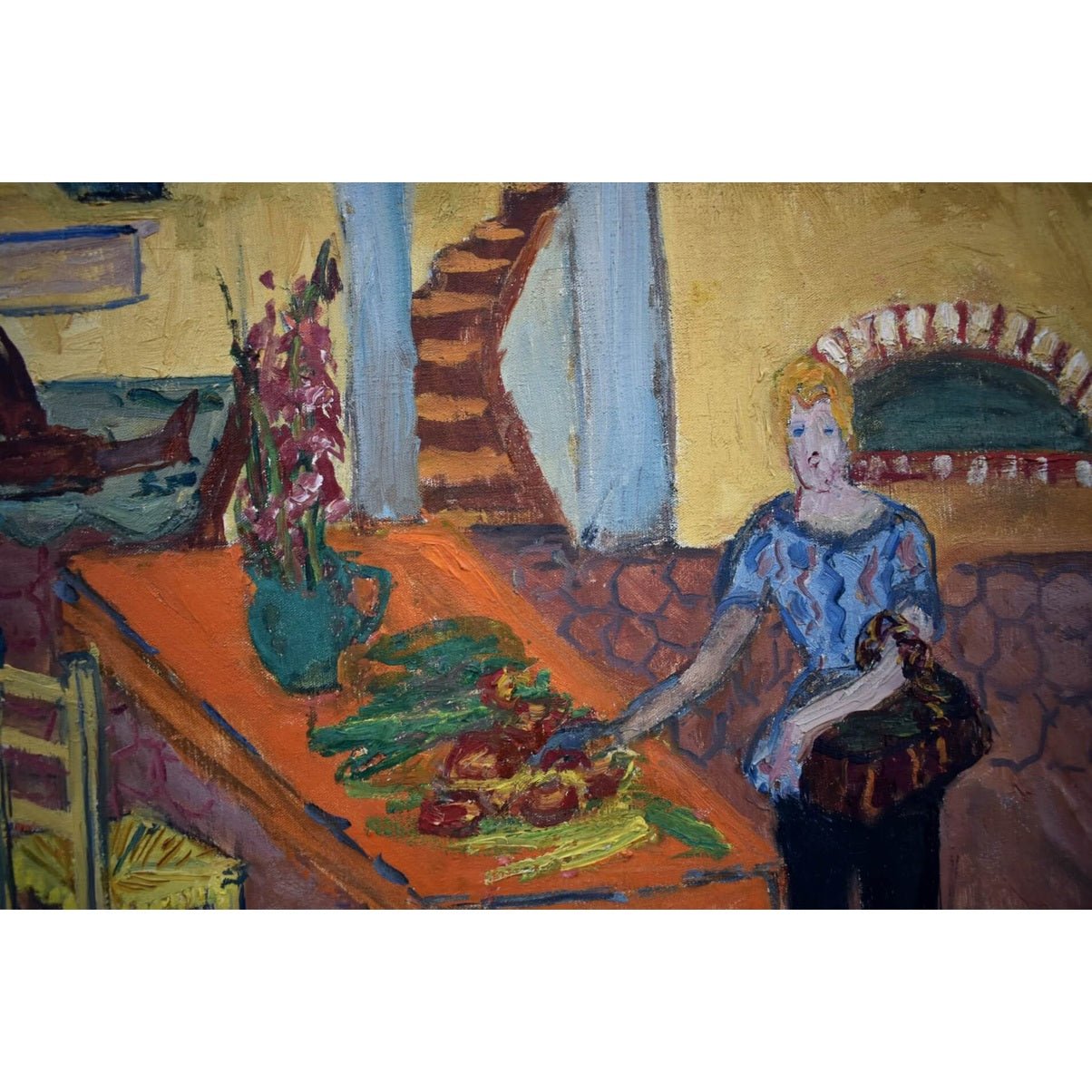 1950s French interior oil painting by Yvonne Mondin featuring domestic scene with vibrant Post-Impressionist style and warm colors.