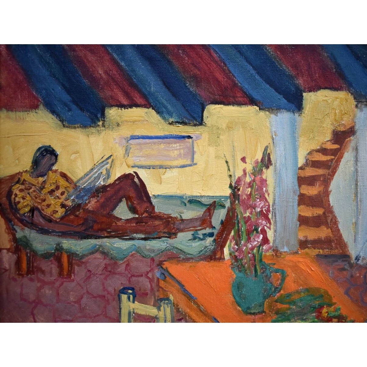 1950s French interior oil painting by Yvonne Mondin featuring domestic scene with vibrant Post-Impressionist style and warm colors.