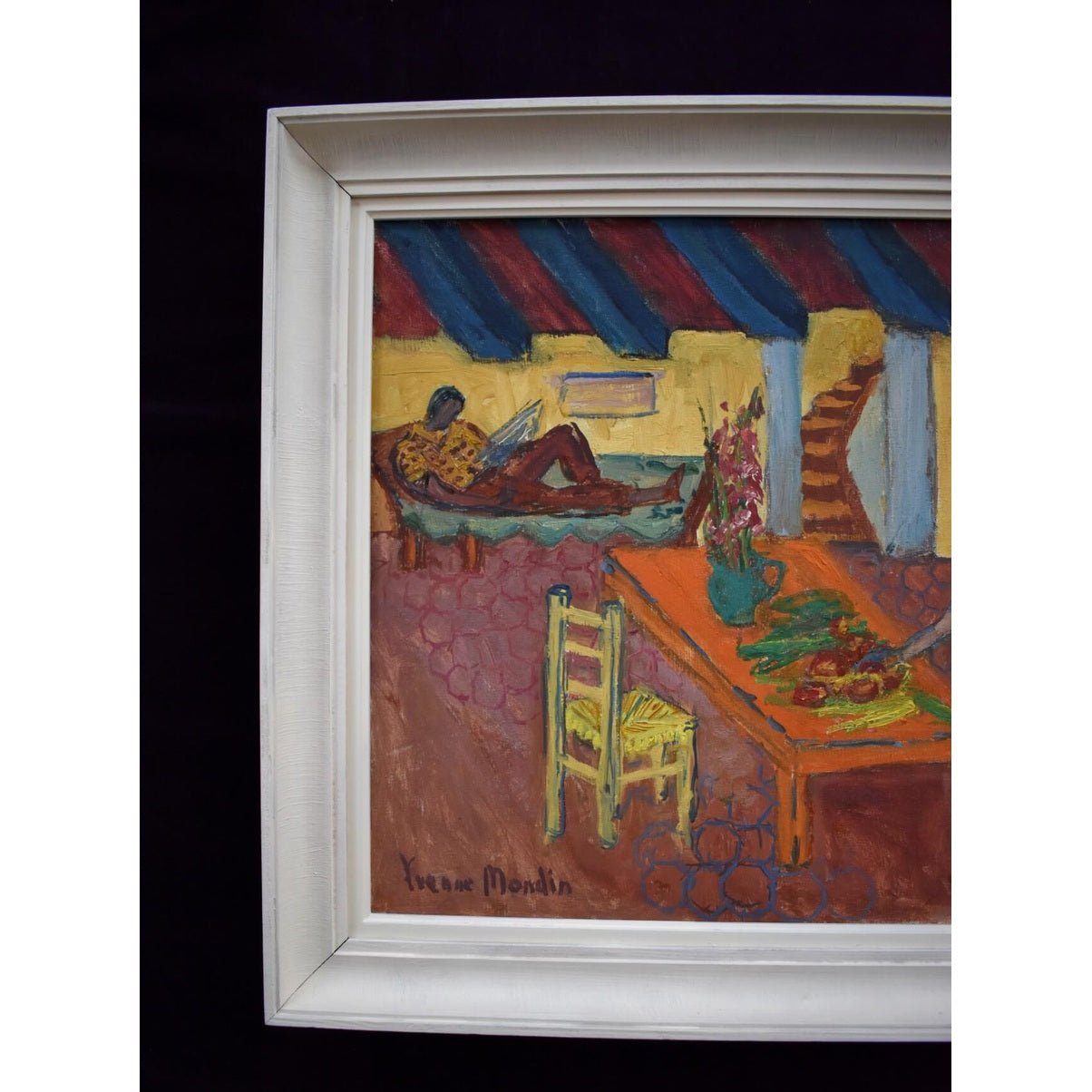 1950s French interior oil painting by Yvonne Mondin featuring domestic scene with vibrant Post-Impressionist style and warm colors.