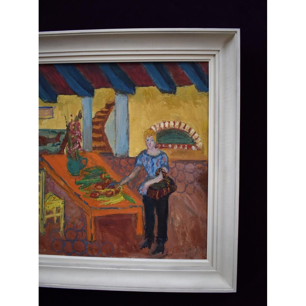 1950s French interior oil painting by Yvonne Mondin featuring domestic scene with vibrant Post-Impressionist style and warm colors.