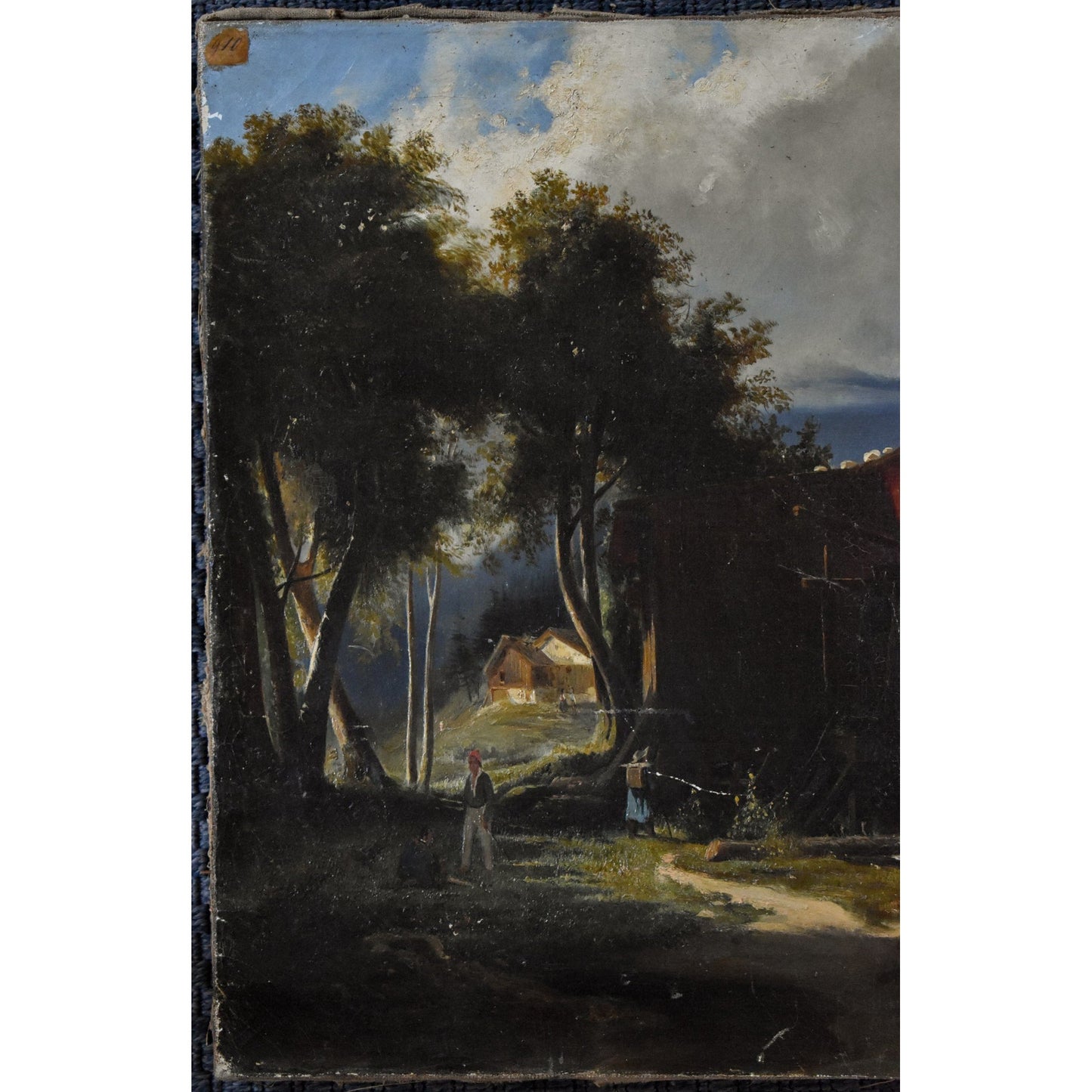 Antique landscape painting to be restored, old mill with figures, French School circa 1820, for sale at Winckelmann Gallery