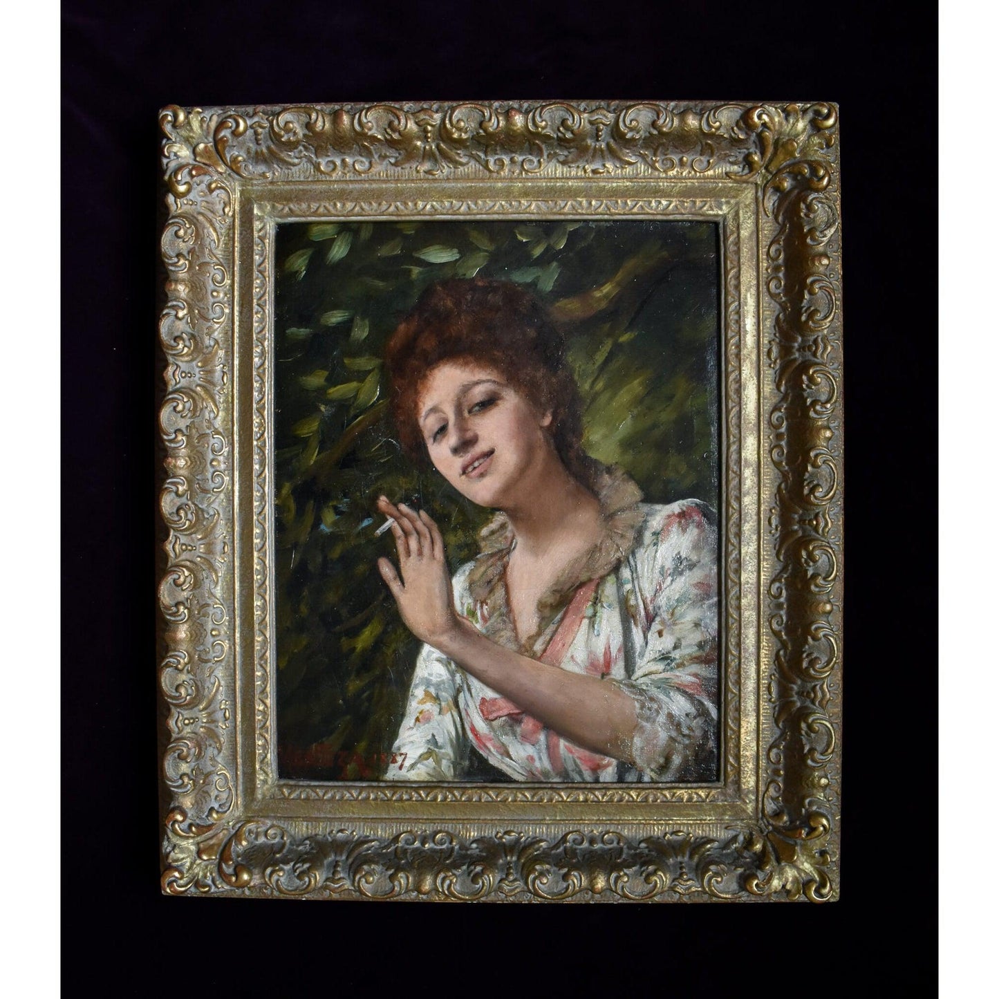 Antique Victorian oil painting portrait young woman smoking cigarette by Alfred Mendoza for sale at Winckelmann Gallery