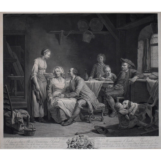Antique engraving french domestic scene married request 1784 by Charles Bervic for sale at Winckelmann Gallery