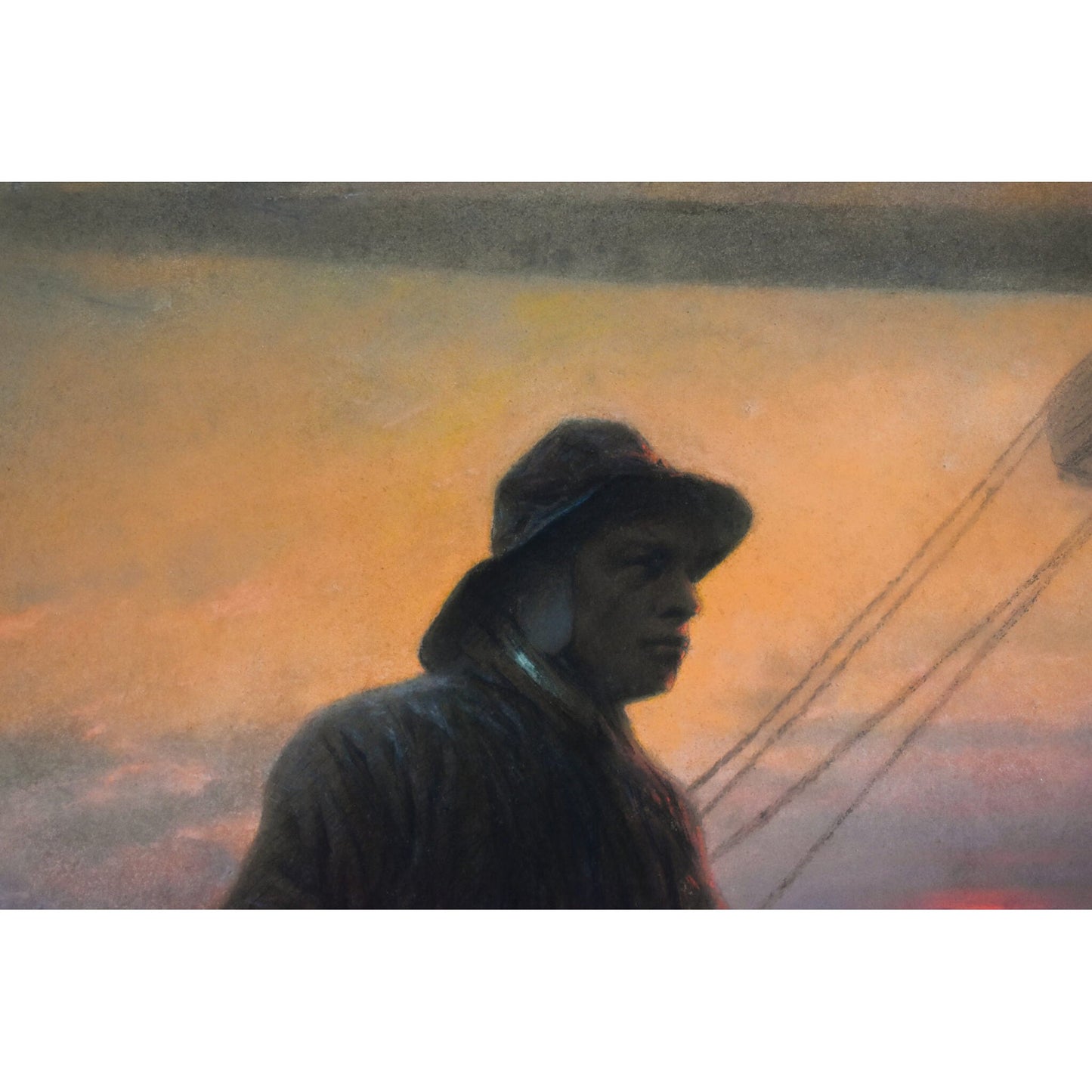 Antique pastel painting scene of a helmsman aboard his ship, by Guillaume Alaux, for sale at Winckelmann Gallery