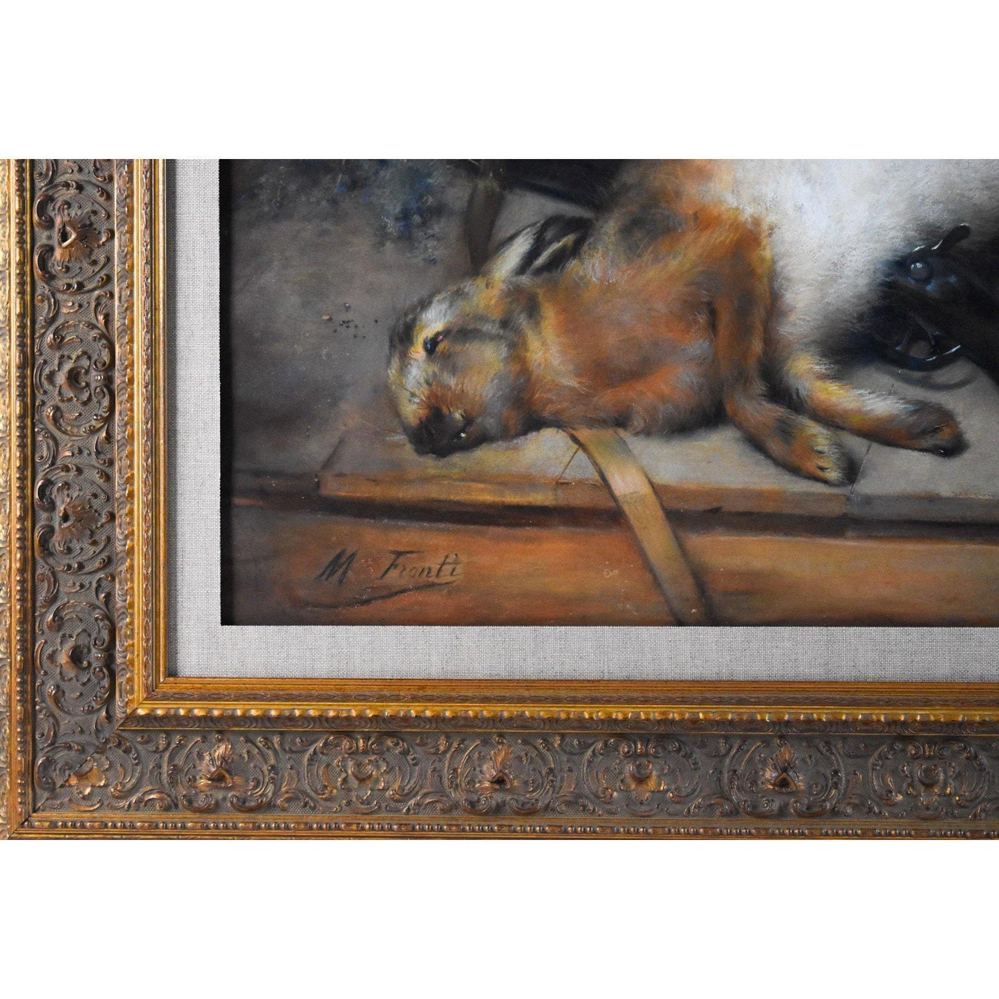 Antique still life painting pastel hunting scene with a hare circa 1900 by Michel Fronti for sale at Winckelmann Gallery