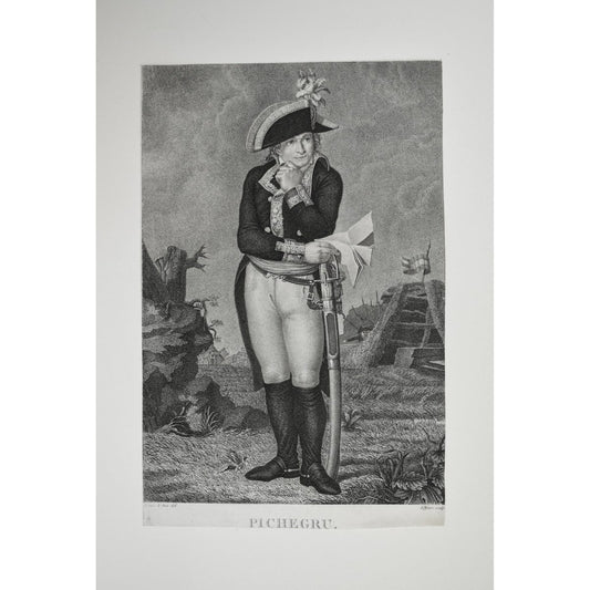 Antique portrait engraving general Pichegru French Revolution circa 1798 by Philippe Lefevre for sale at Winckelmann Gallery