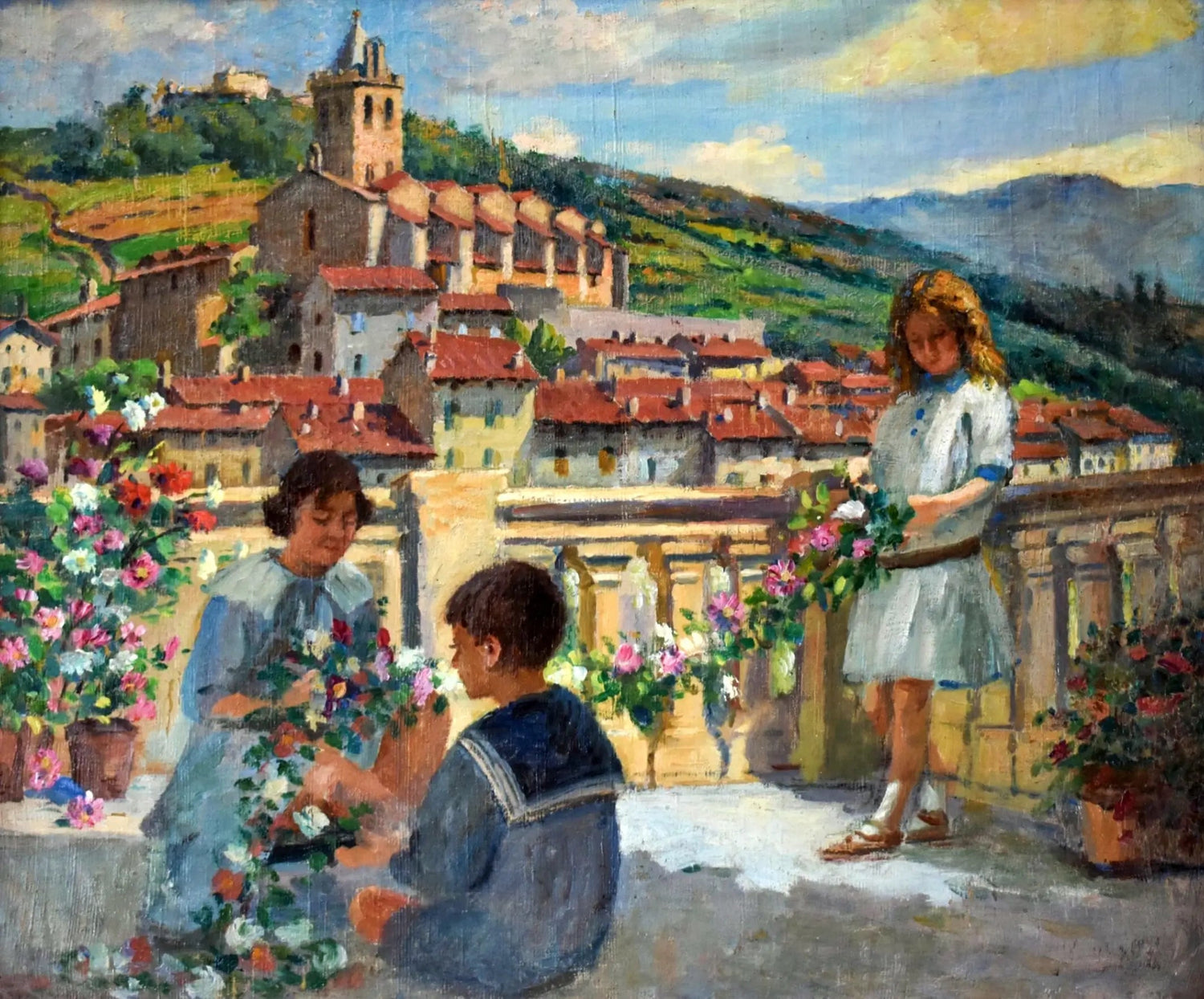 Authentic French genre scene paintings collection featuring daily life, domestic interiors, markets and celebrations from 18th-20th century