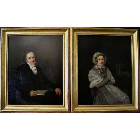1848 portrait pair by Aimée Dalleizette showing elegant gentleman and lady in gilt frames