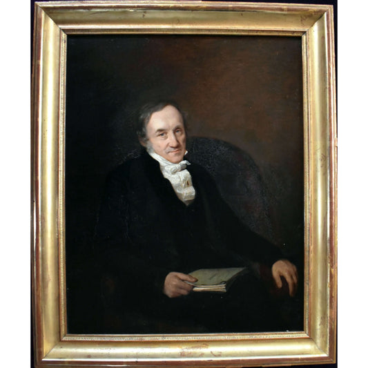 Portrait of gentleman in black suit with white cravat, framed oil on hardboard by Aimée Dalleizette, 1848