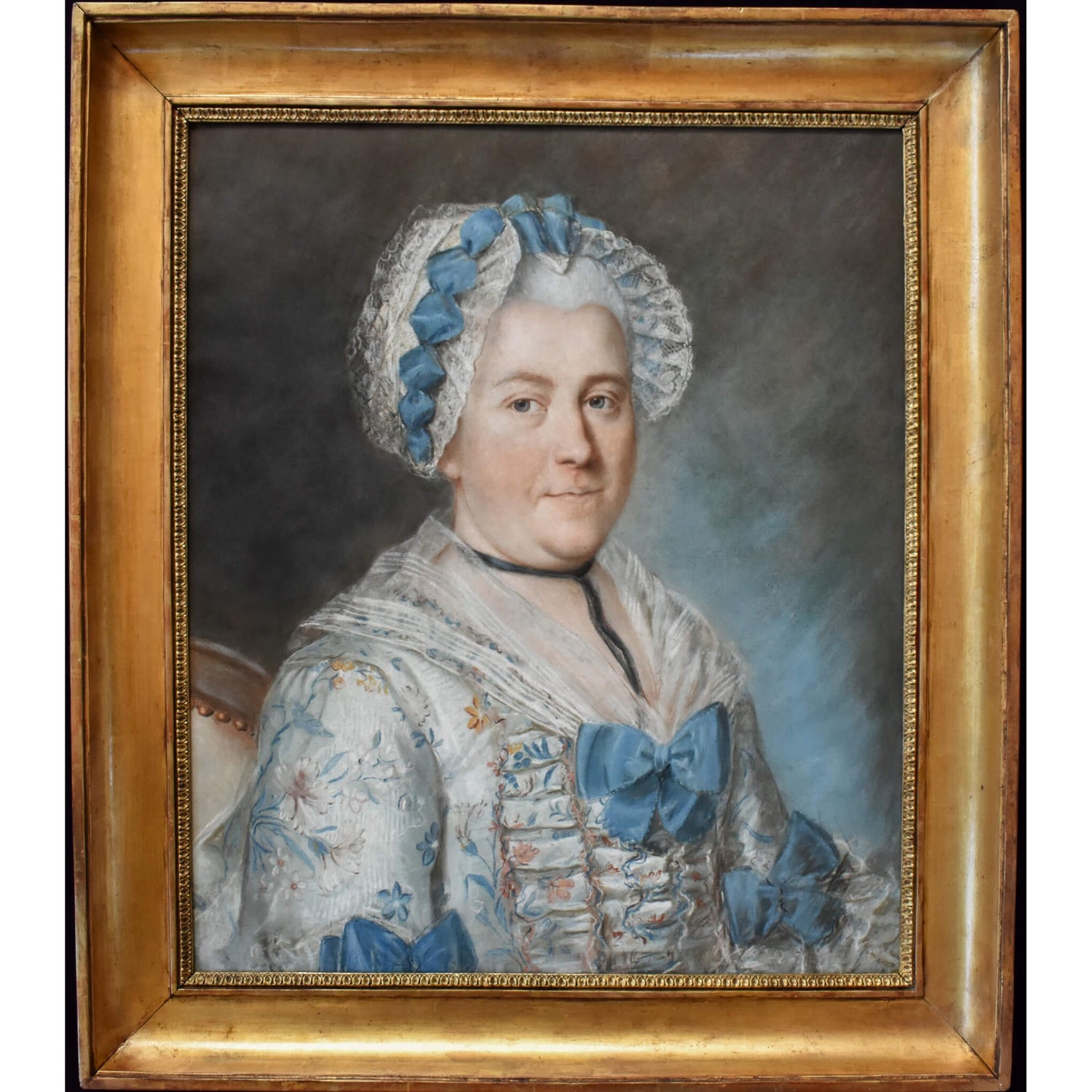 Antique pastel painting portrait of a woman with an elegant dress of French School circa 1770 for sale at Winckelmann Gallery