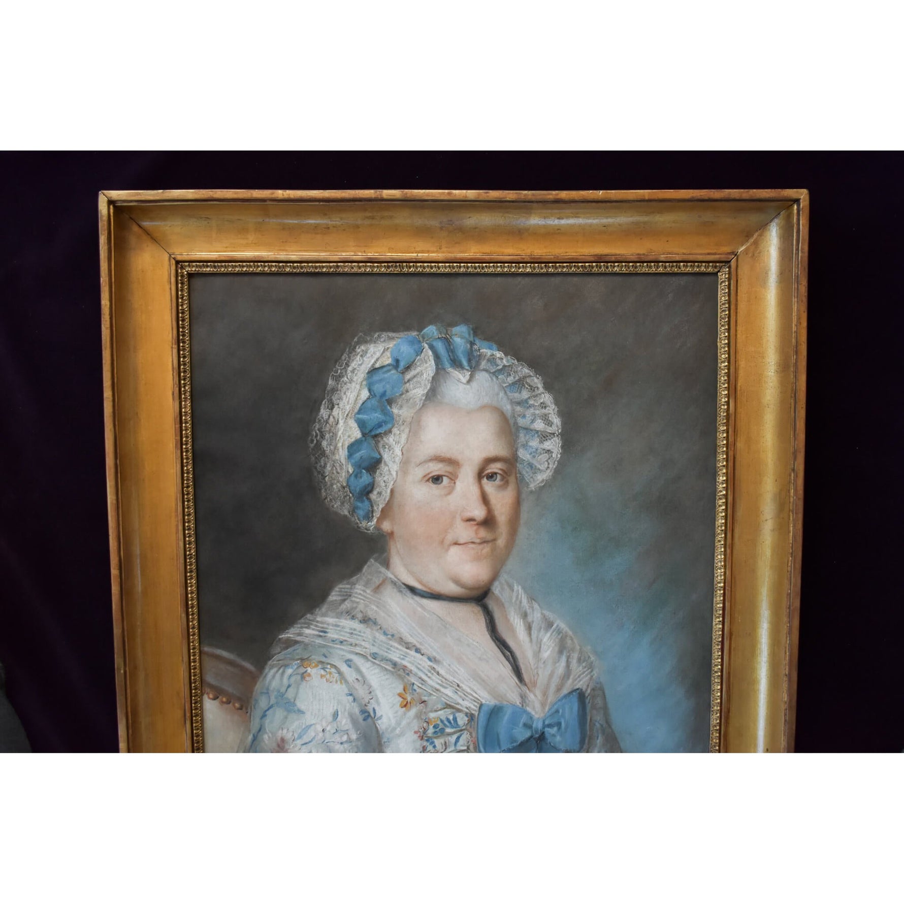 Antique pastel painting portrait of a woman with an elegant dress of French School circa 1770 for sale at Winckelmann Gallery