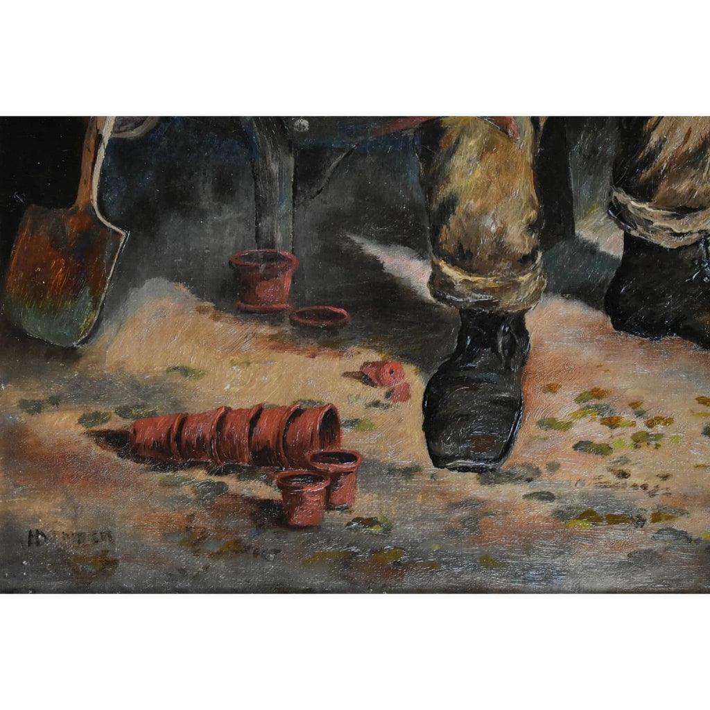 Detail of partially erased signature 19th century European School portrait
