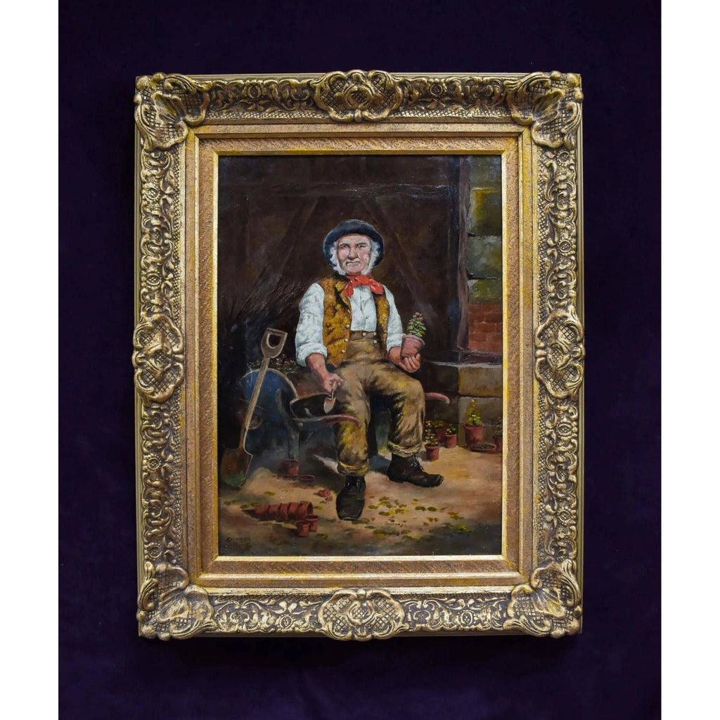 European School elder gardener portrait full view 19th century oil painting
