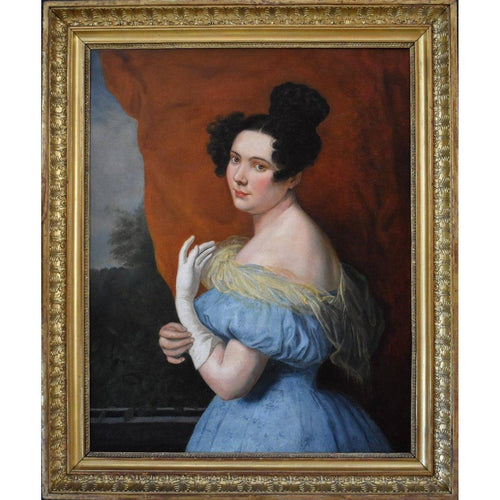 19th century French School woman portrait 1830s Empire gilt frame
