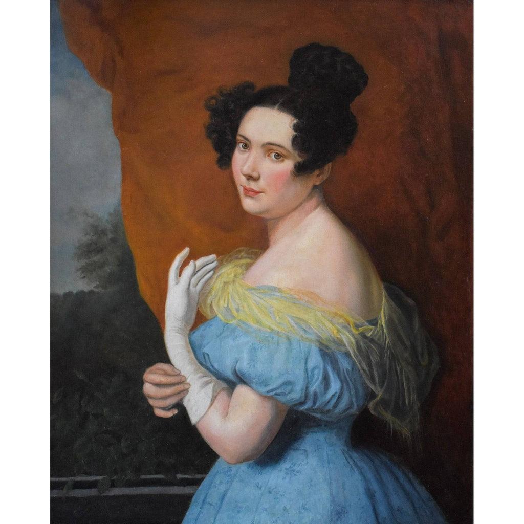 French Romanticism portrait blue evening gown yellow shawl 1830s
