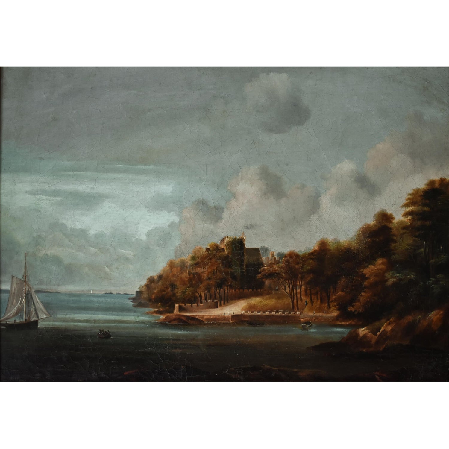 Antique oil painting coastal landscape with a castle 19th century European school for sale at Winckelmann Gallery