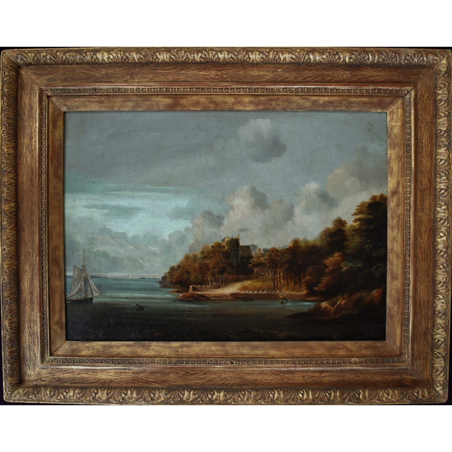 Antique oil painting coastal landscape with a castle 19th century European school for sale at Winckelmann Gallery