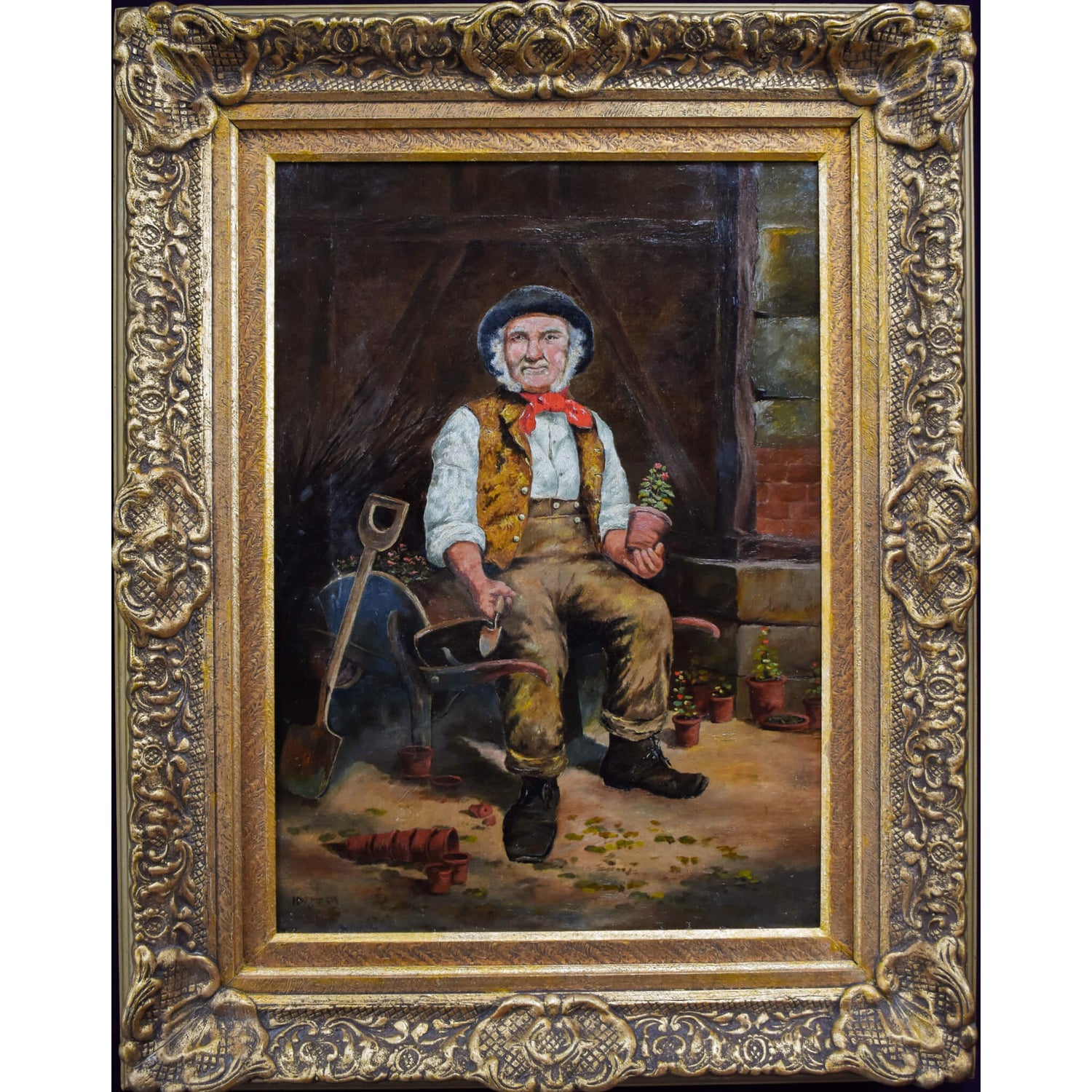 19th century European oil painting depicting an elderly gardener sitting in a wheelbarrow for sale at Winckelmann Gallery