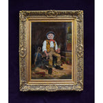 19th century European oil painting depicting an elderly gardener sitting in a wheelbarrow for sale at Winckelmann Gallery