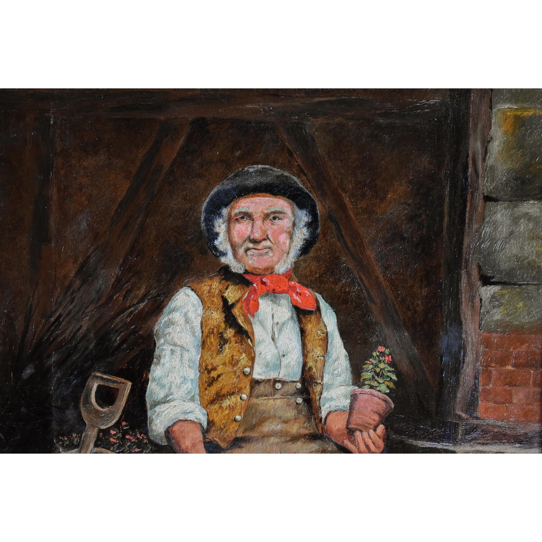 19th century European oil painting depicting an elderly gardener sitting in a wheelbarrow for sale at Winckelmann Gallery