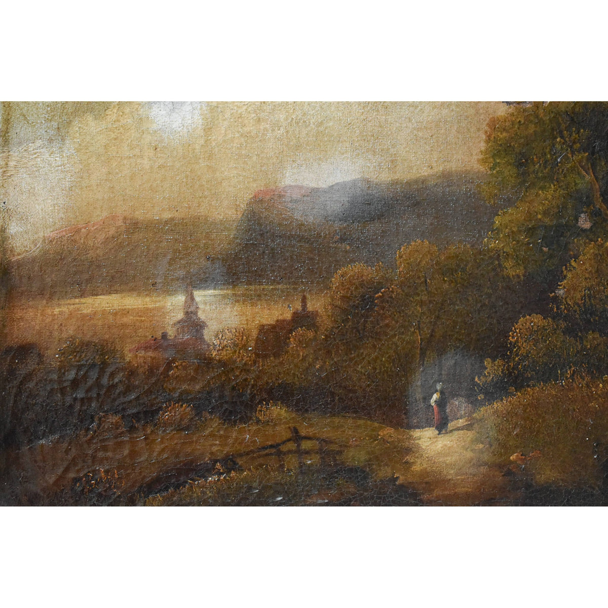 Antique landscape painting to be restored featuring a woman gazing over a lake and mountains for sale at Winckelmann Gallery