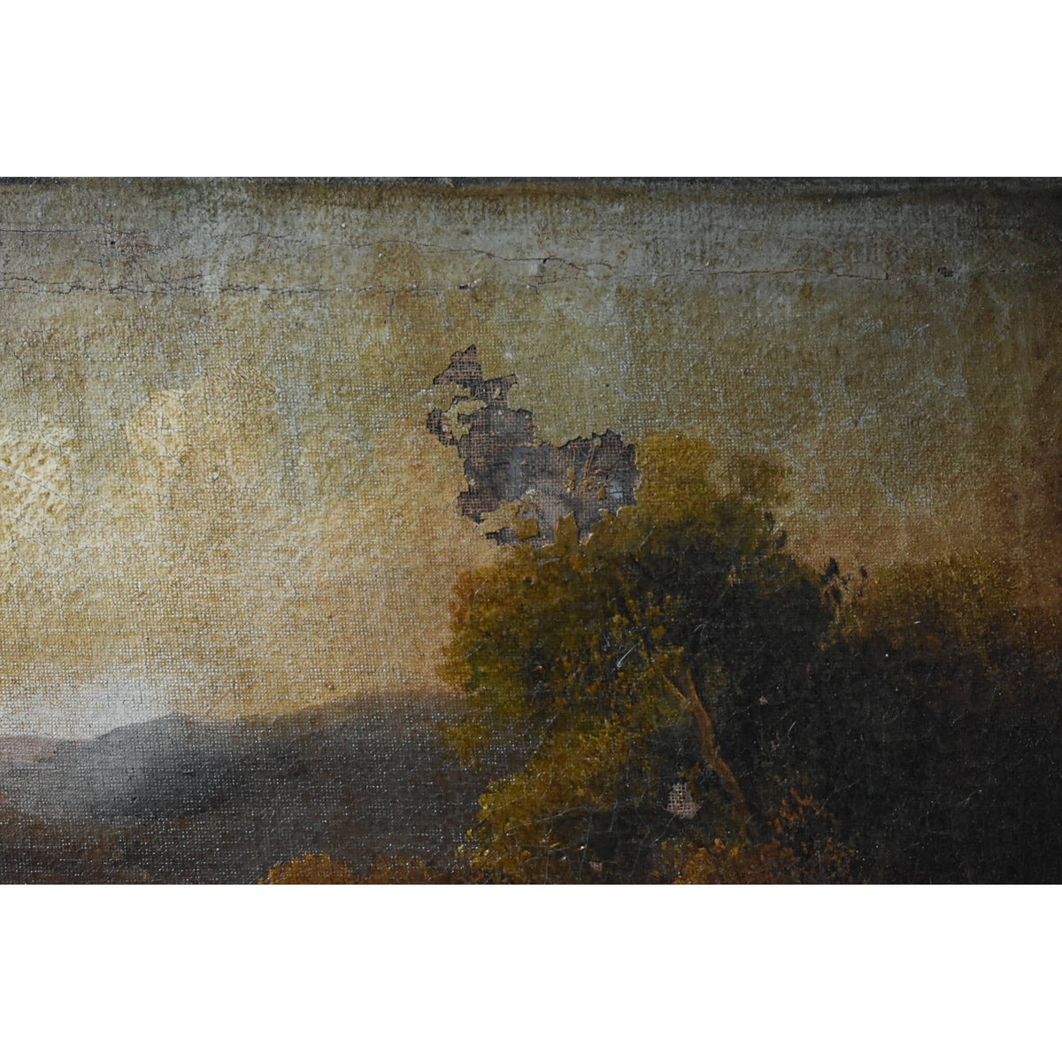 Antique landscape painting to be restored featuring a woman gazing over a lake and mountains for sale at Winckelmann Gallery