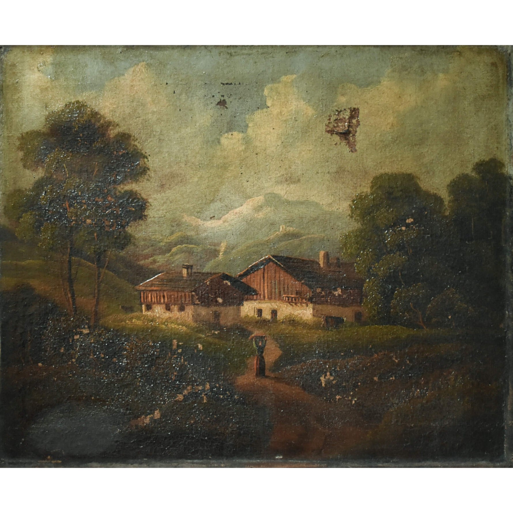 Antique landscape oil painting to be restored with a woman in a farm surrounded by mountains for sale at Winckelmann Gallery