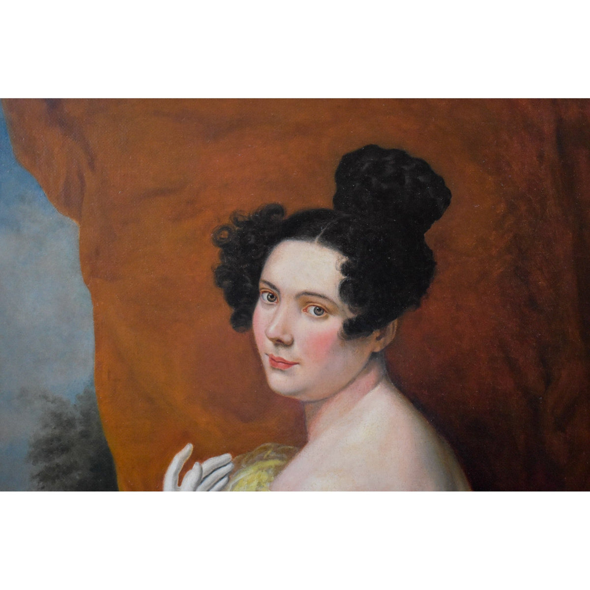 Antique portrait oil painting of a elegant woman French Romantic period original circa 1930 for sale at Winckelmann Gallery